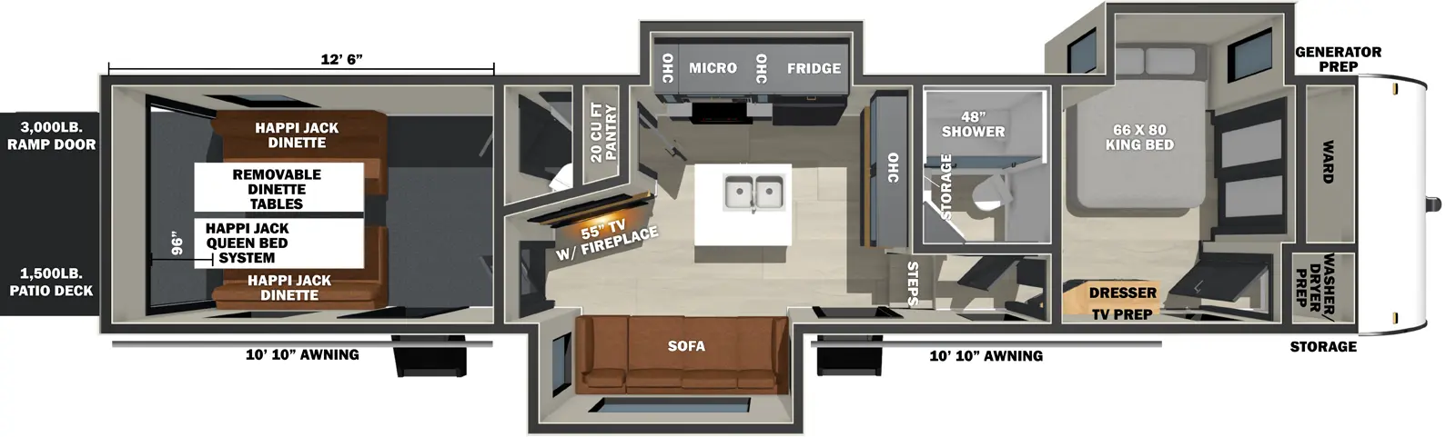 The Shockwave 3513GX floorplan is a toy hauler that has two entries and three slide outs. Exterior features include: fiberglass exterior and 10'10" & 10'10" awning. Interiors features include: kitchen island and bathroom and a half.